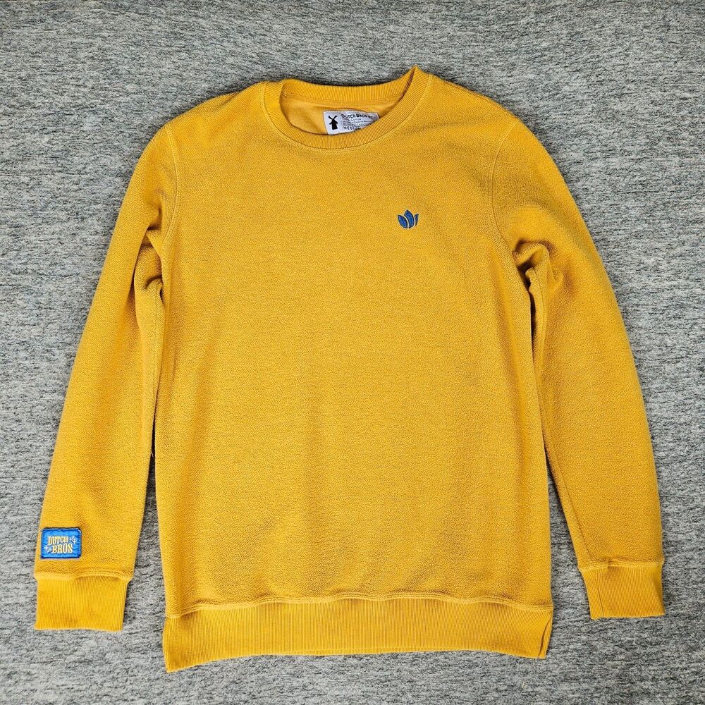 Dutch Bros Sweater Medium Yellow Sweatshirt Fleece Logo Crew Neck Casual Coffee